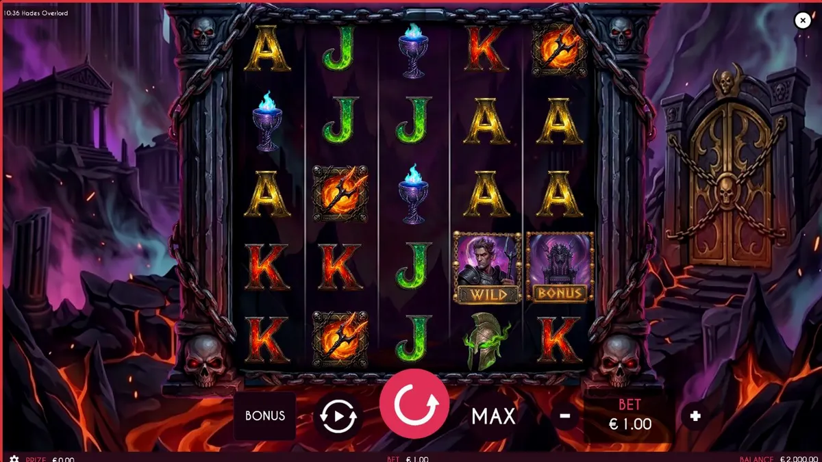Pemandangan visual Hades Overlord dengan elemen api dan simbol mitologi Yunani