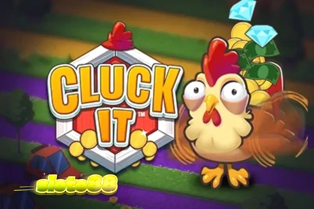 Karakter ayam lucu dalam permainan Cluck It dengan latar belakang pedesaan yang cerah.